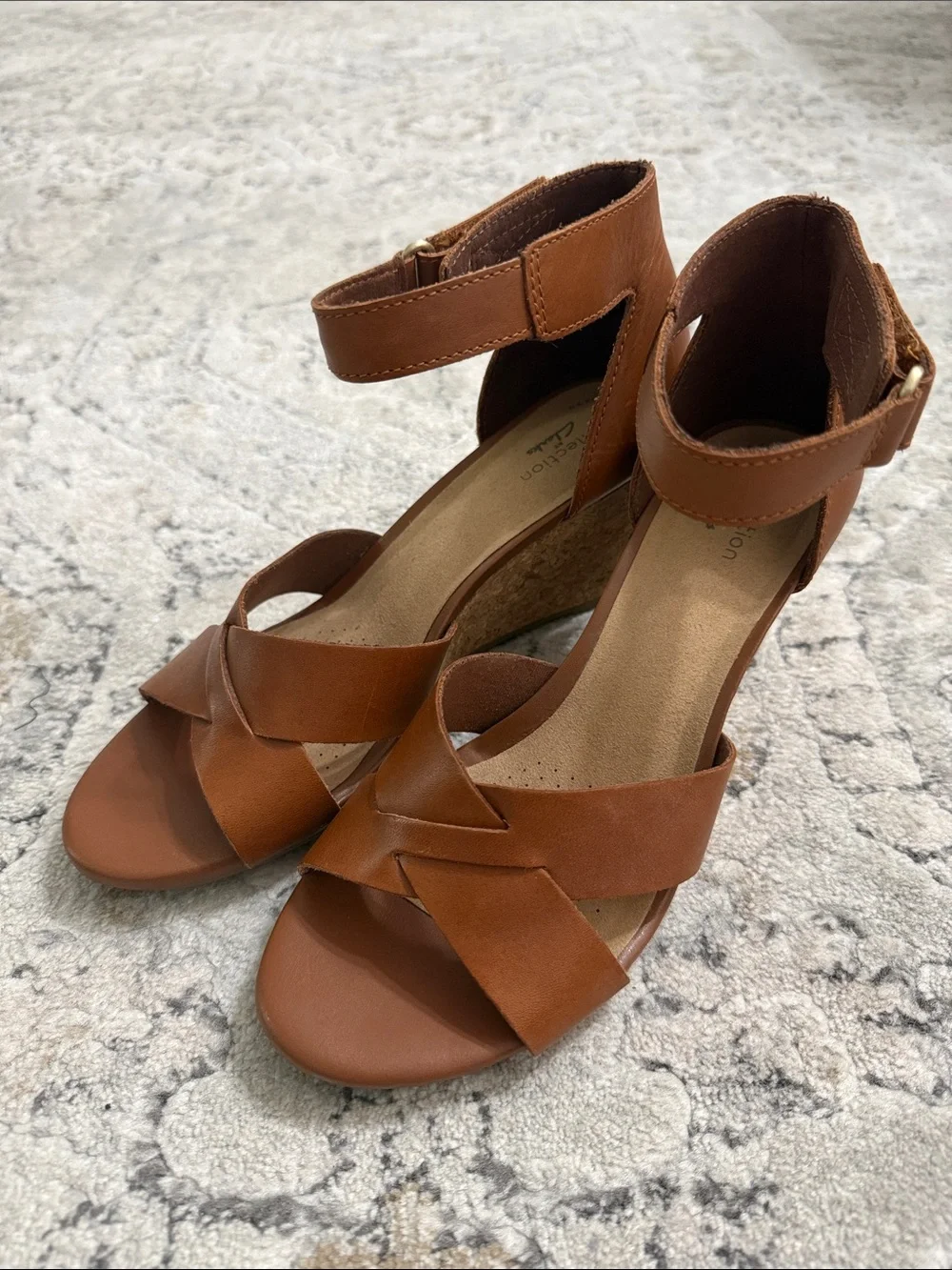 Clarks Tan Leather Crossover Cork Wedge Sandals